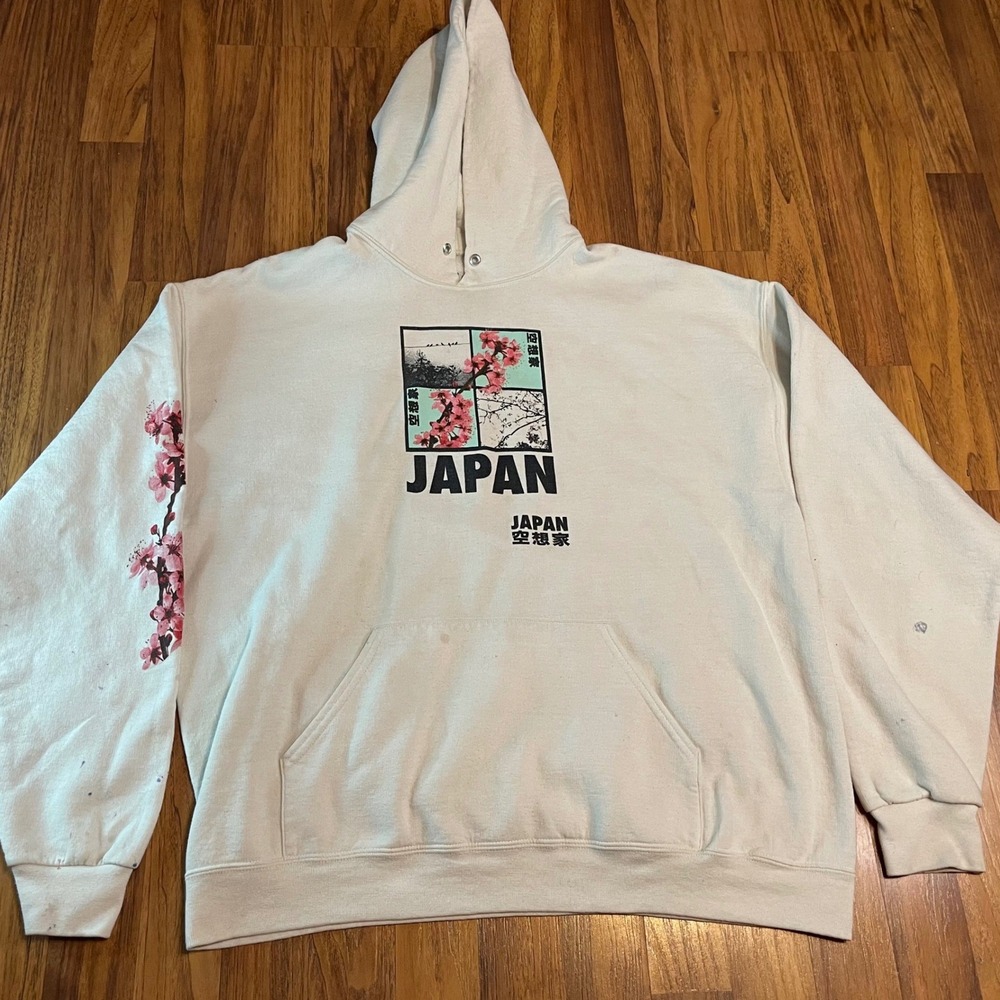 Bowery Supply Co Japan Hoodie Large Cream Cherry Blossom Graphic Sweatshirt Mens